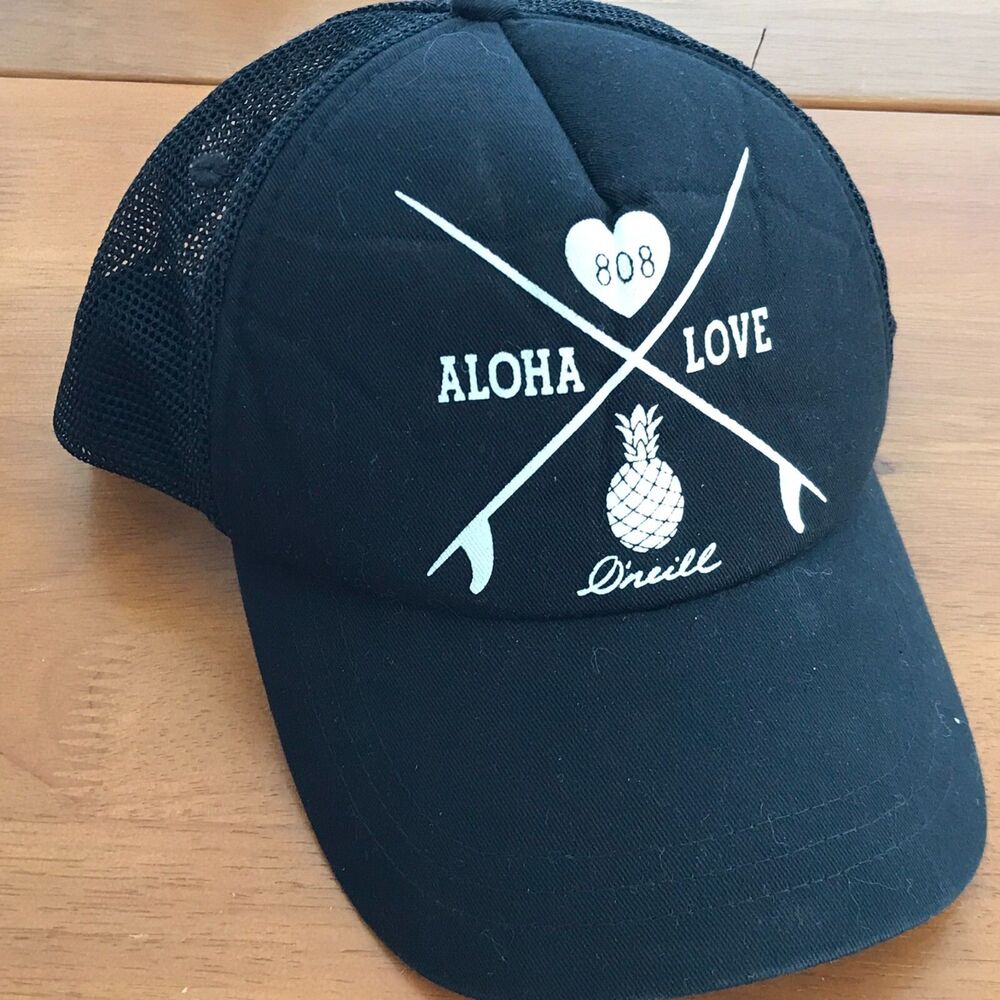 O'Neill Hat Black Aloha Hawaii 808 Love Maui Oahu Surfboard Snap Back Trucker